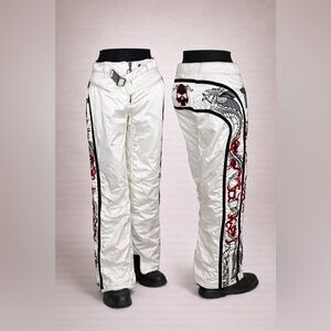 Women's White and Black Embroidered Pants